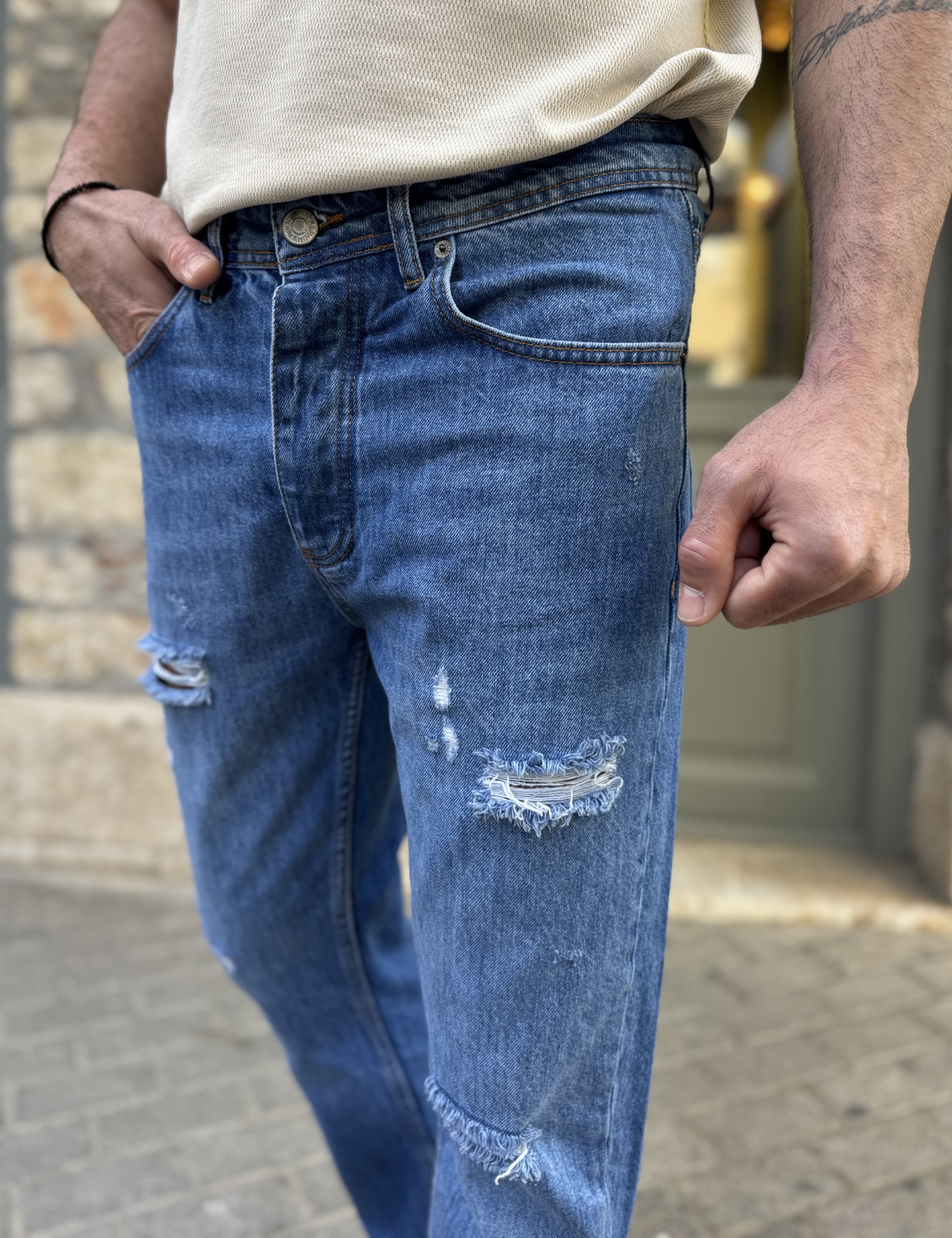 Ανδρικό μπλε με σκισίματα σταθερό Loose Jean πεντάτσεπο με κουμπιά BF3026 φωτογραφία
